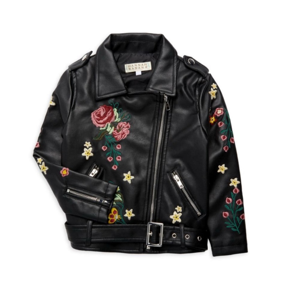 Black Floral Embroidered Leather Jacket
